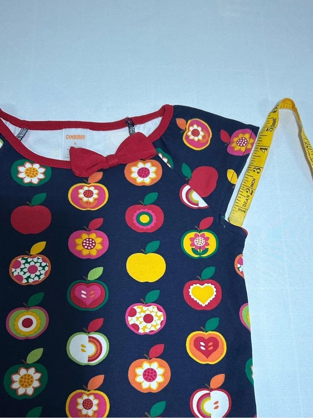 Gymboree Girls 6 Navy Apple Orchard Short Sleeve Drop Waist Dress School Fall